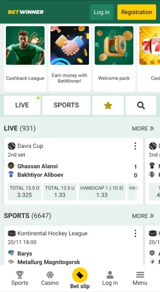BetWinner Android app — sports betting view
