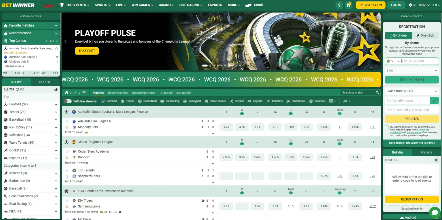 BetWinner sportsbook showing cricket markets and live odds
